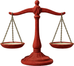 Balanza de color rojo con dos platillos colgantes, símbolo de justicia, equilibrio y equidad.