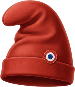 Gorro frigio rojo con escarapela tricolor azul, blanca y roja, símbolo histórico de libertad y ciudadanía.