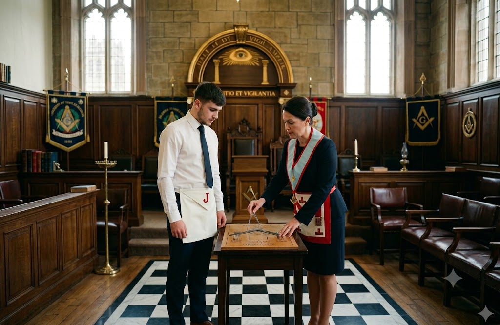 Una maestra masona instruye a un joven compañero utilizando un compás sobre una tabla de trazado de madera. La escena se desarrolla en el interior detallado de una logia masónica solemne con suelo de damero blanco y negro, paredes de paneles de madera, estandartes con la escuadra y el compás, y el Ojo que todo lo ve, presidiendo el altar al fondo. Ambos visten delantales rituales ceremoniales.